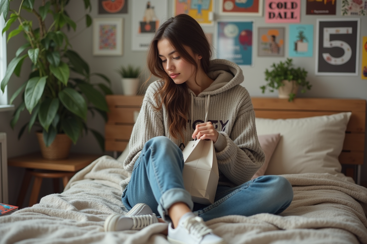 Jeune fille assise sur son lit avec shopping et vêtements