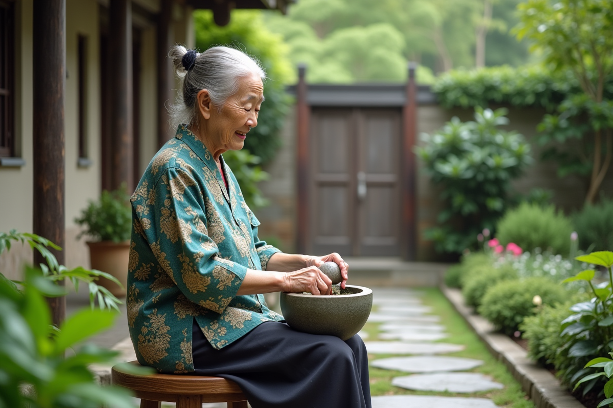 Grand-mere koreenne moudant des herbes dans un jardin