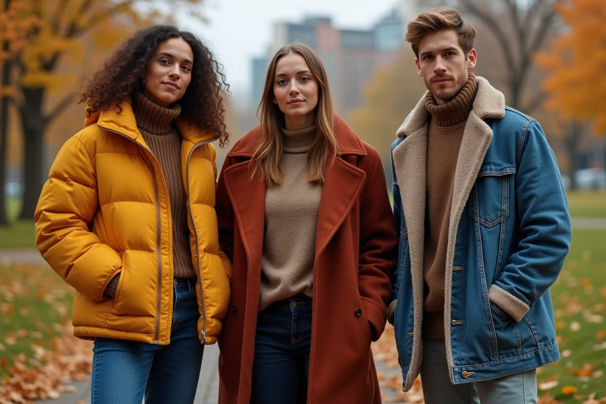 Groupe d amis en manteaux tendance dans un parc urbain