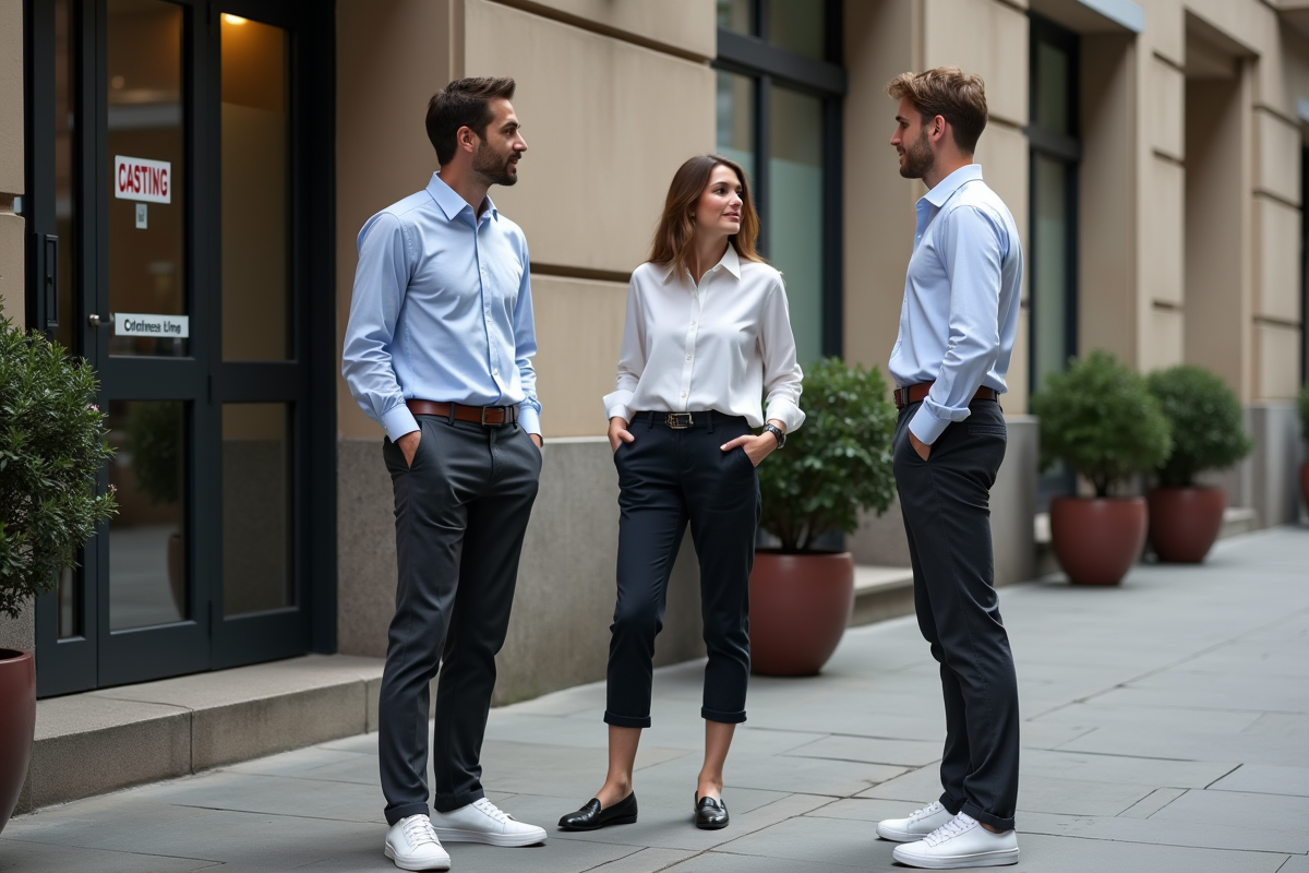 Groupe de personnes discutant devant un bâtiment casting