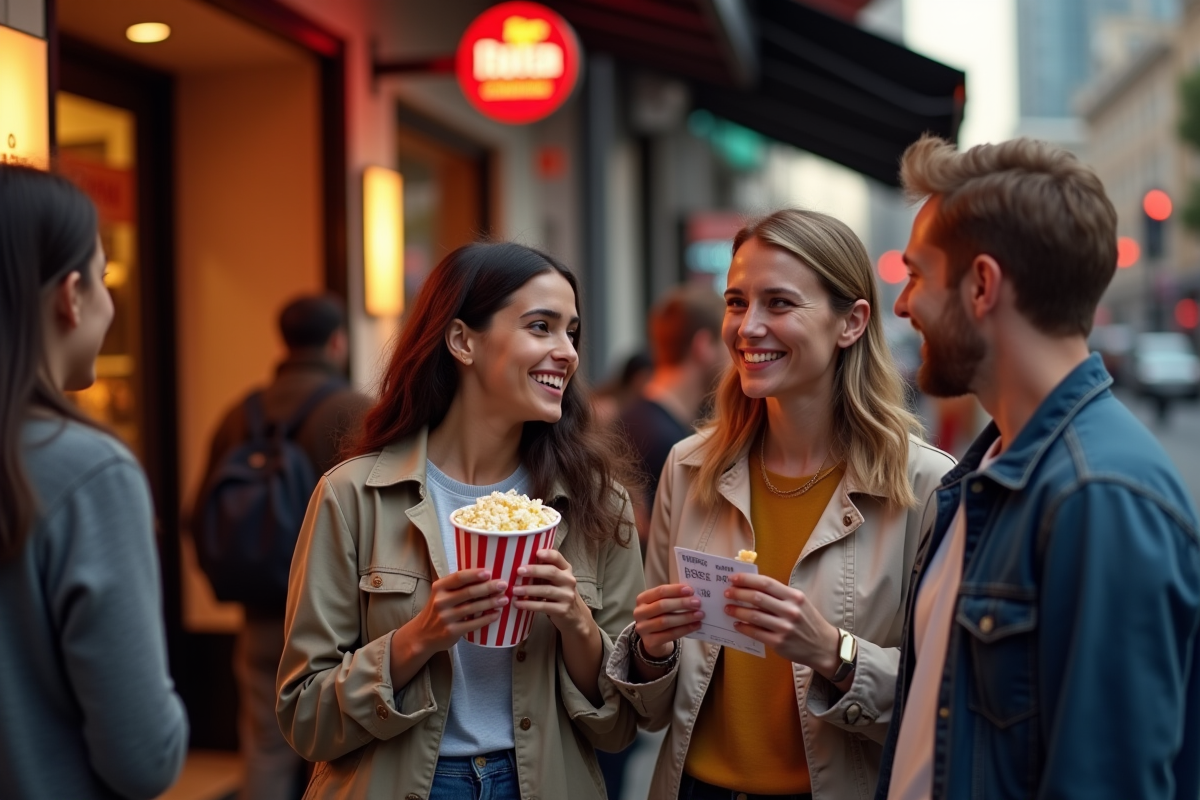 Groupe divers de personnes au cinéma souriantes et discutant