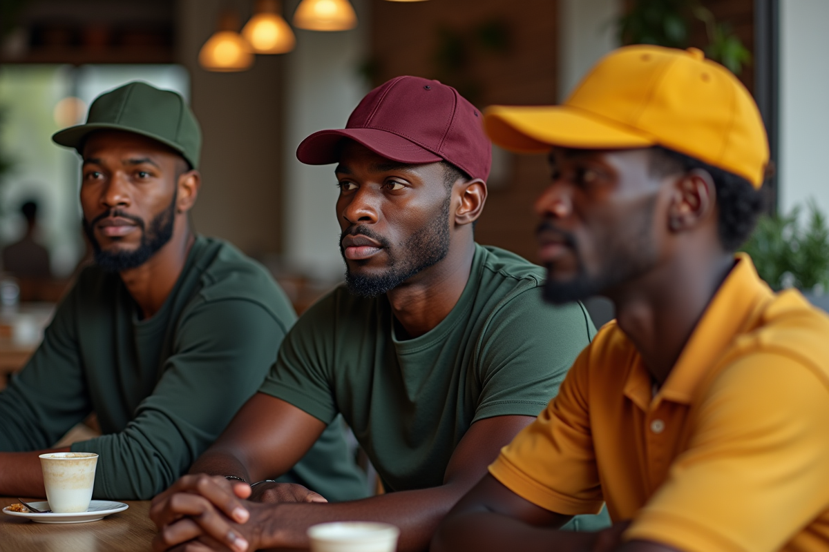 Trois hommes assis dans un café portant des chapeaux colorés