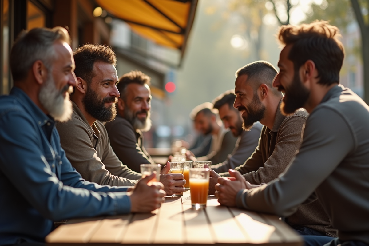 Groupe d hommes diversifiés avec barbes différentes au café en matinée