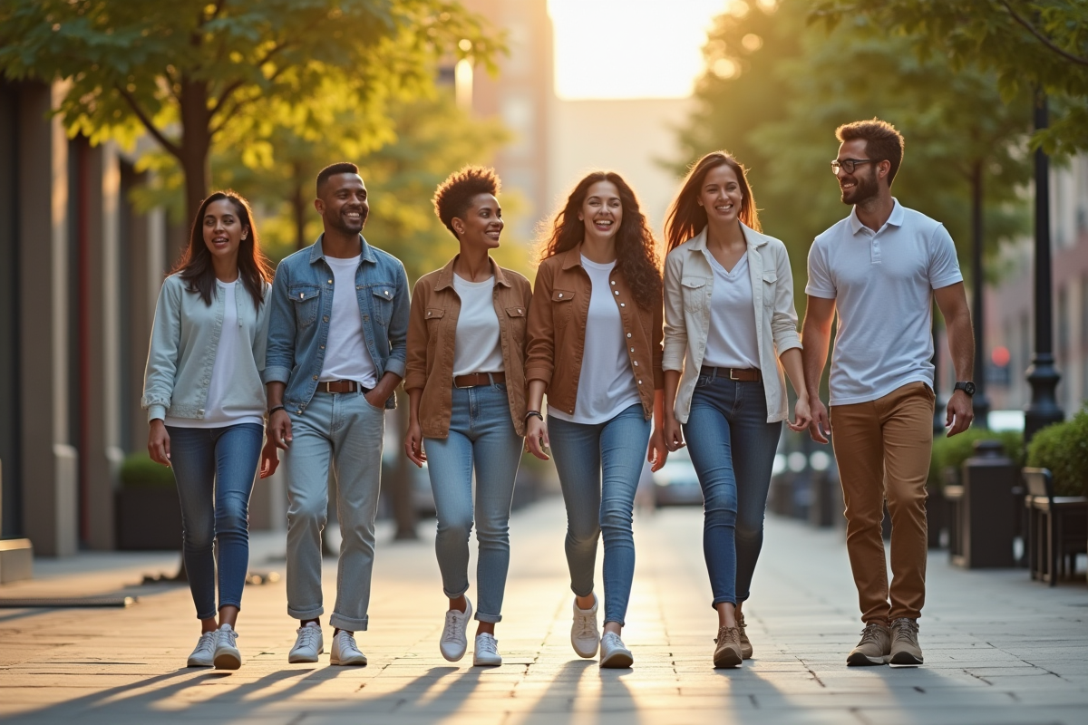 Groupe divers d'adultes marchant avec chaussures Arch Fit en ville