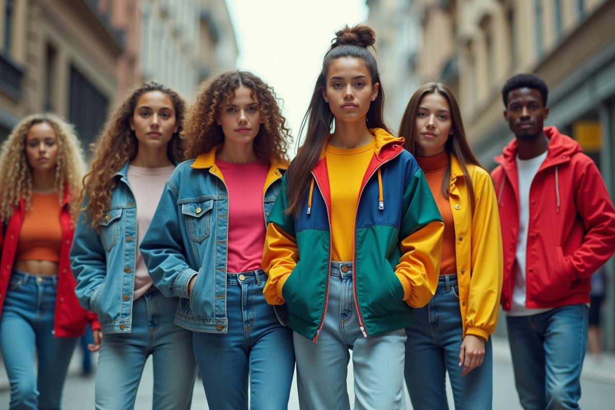 Groupe de jeunes en mode 90s en milieu urbain