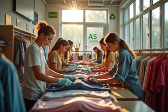 Jeunes dans une boutique moderne triant des vêtements recyclés