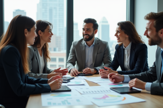 Groupe de professionnels en réunion dans un bureau moderne