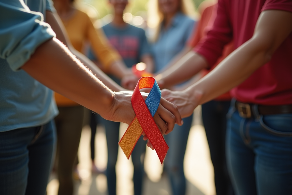 Groupe divers de personnes avec rubans colorés de solidarité