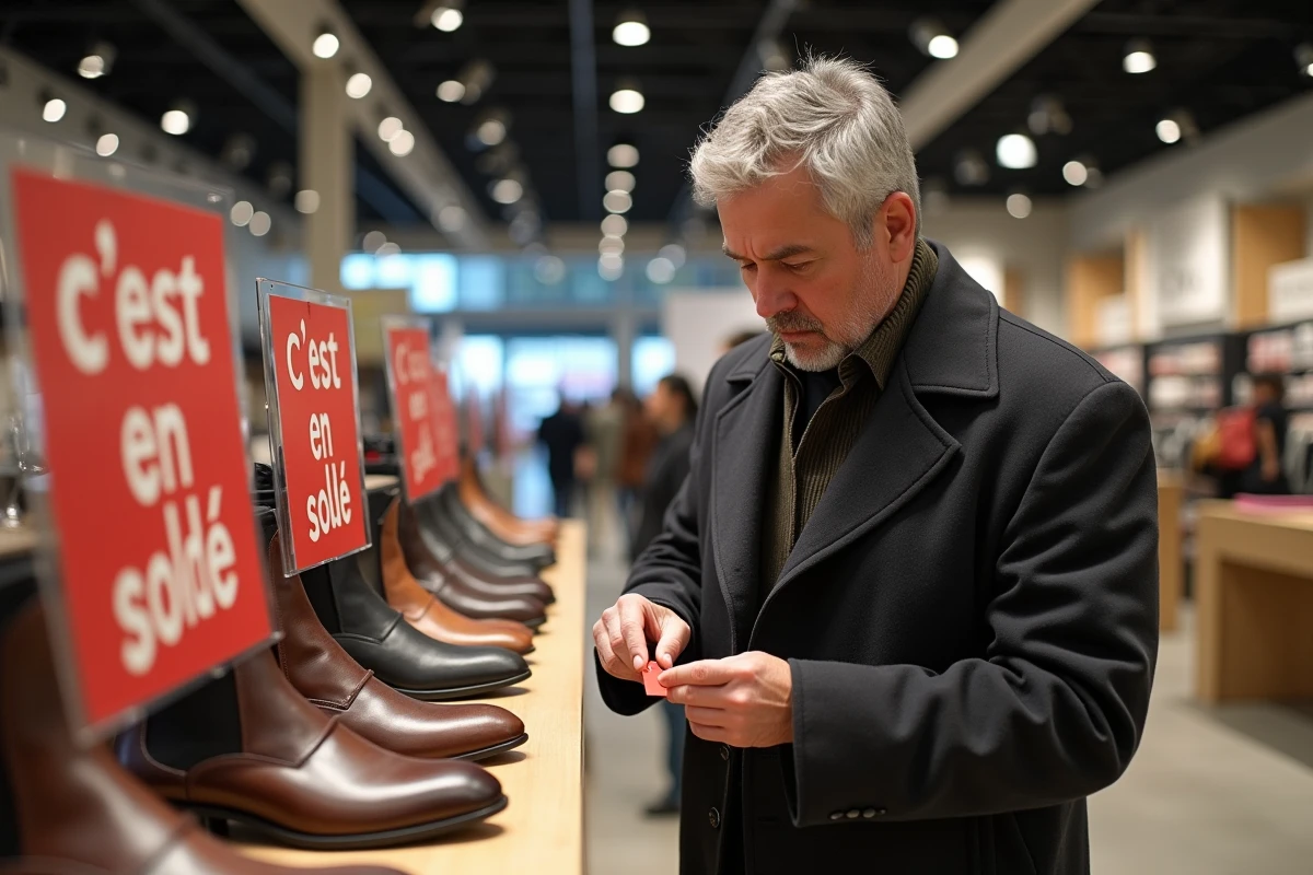 Homme examinant étiquette de prix en solde dans grand magasin
