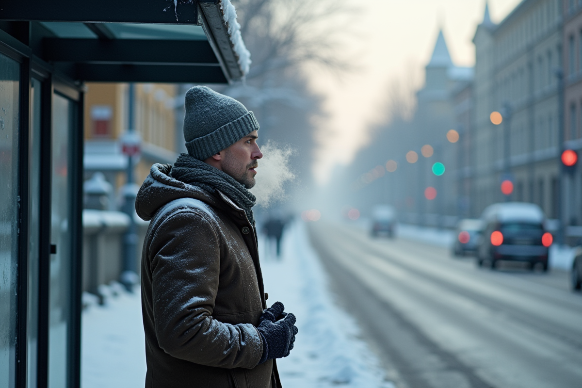 Homme au arrêt de bus enneigé par un matin froid hiver