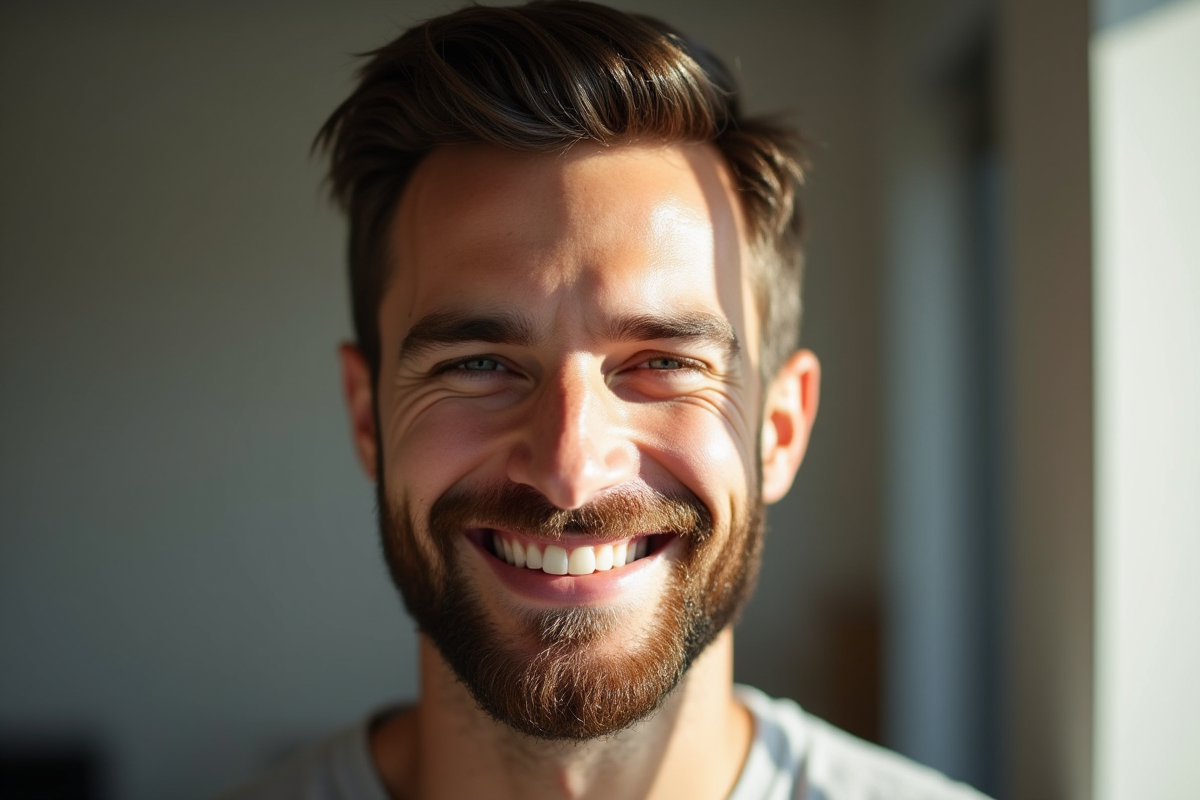 Homme barbu souriant en lumière naturelle douce
