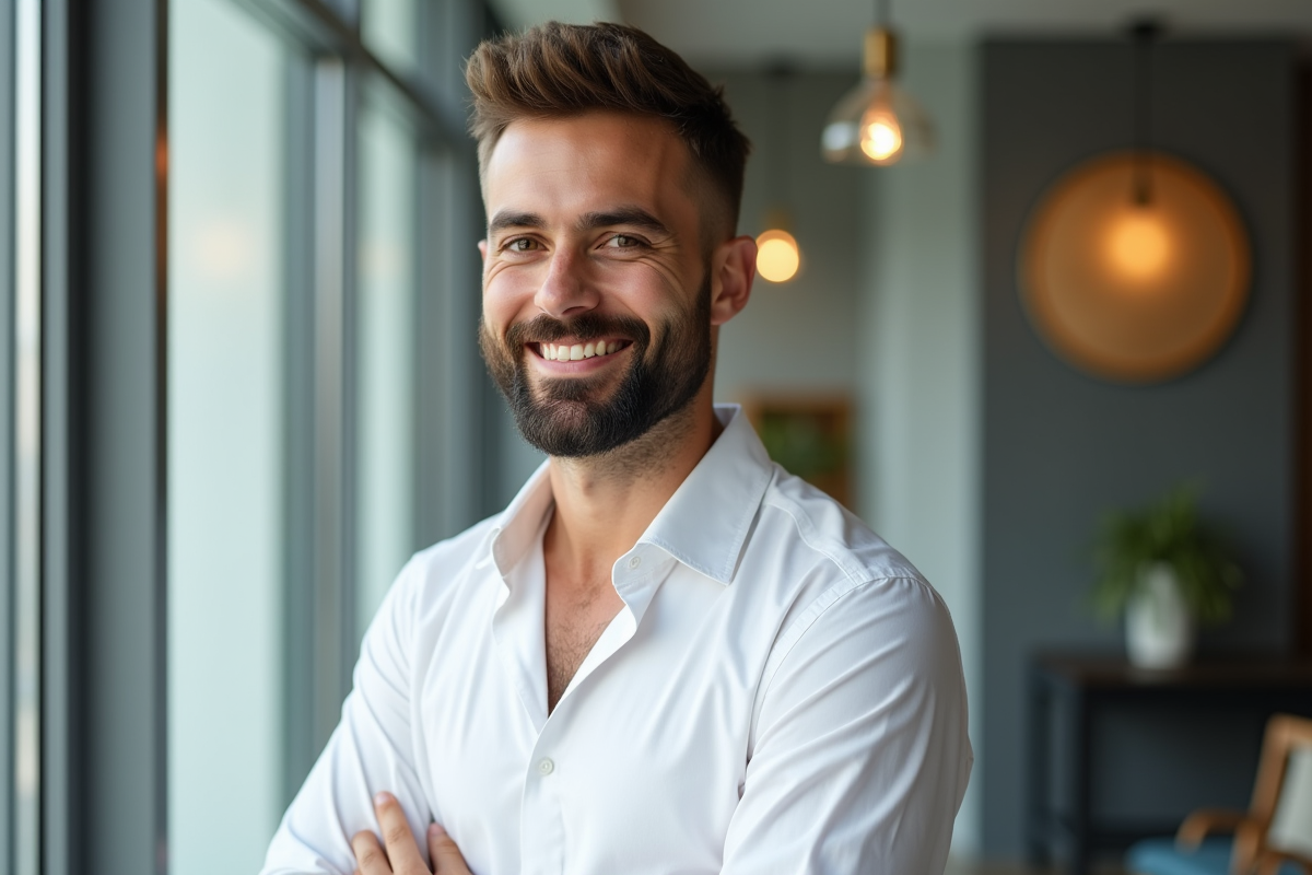 Homme confiant avec barbe bien taillée souriant en lumière douce