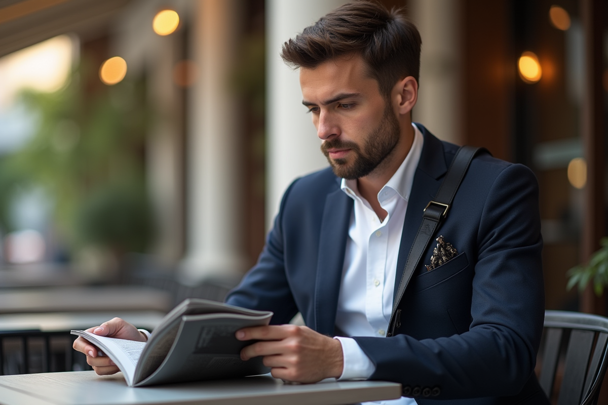 Homme assis au café avec sac à bandoulière noir