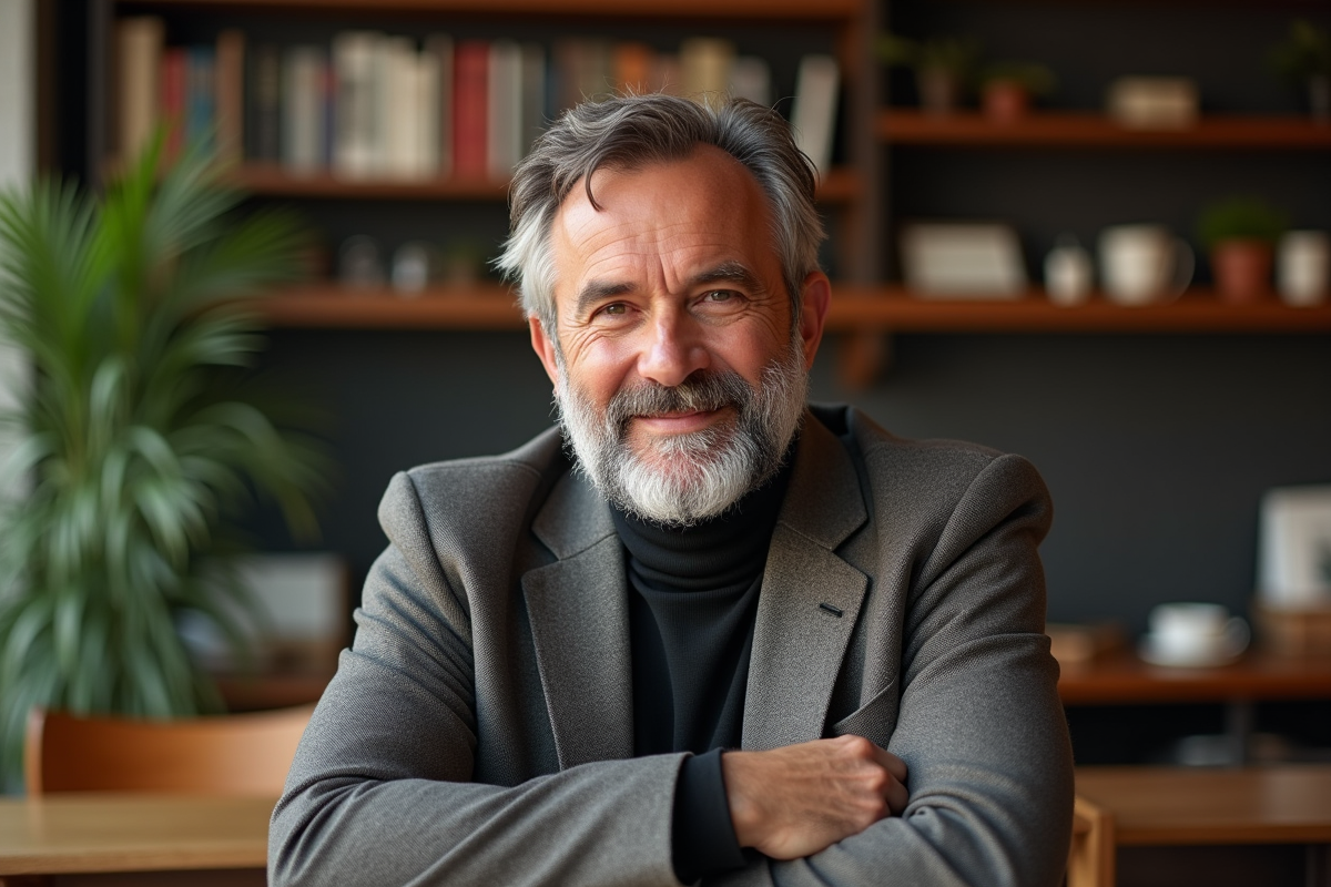 Homme mature avec barbe dans un café chaleureux