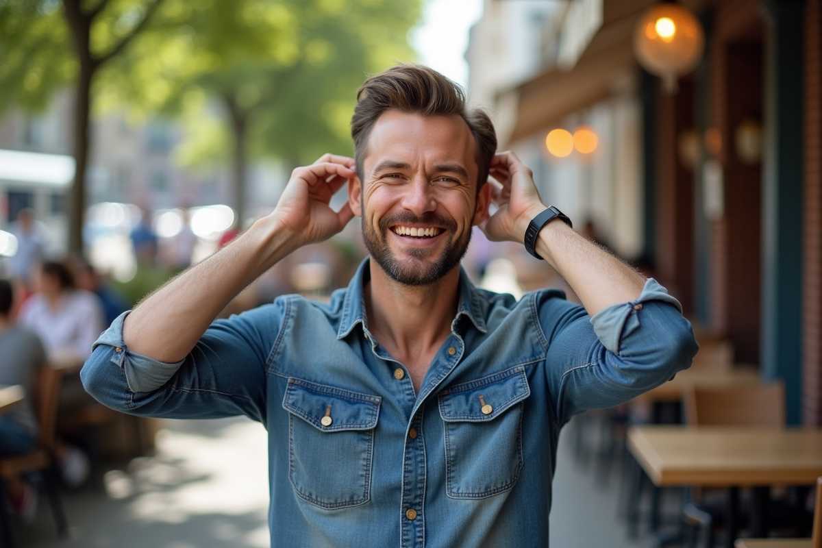 Homme souriant ajustant ses cheveux dans un café en plein air