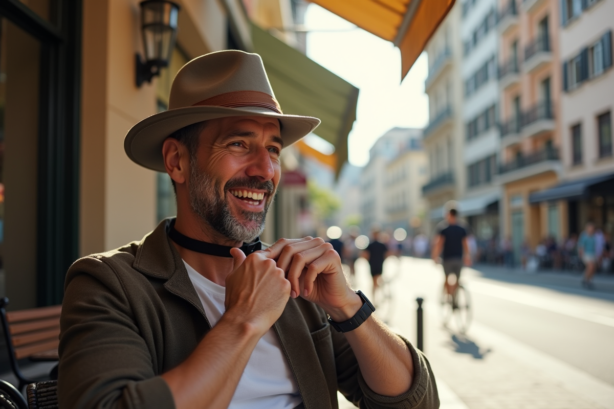 Homme dans un café en ville portant un chapeau stylé
