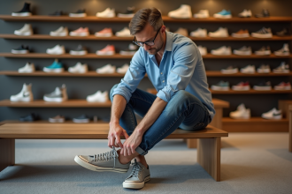 Homme d'âge moyen ajustant sa chaussure neuve dans un magasin de chaussures