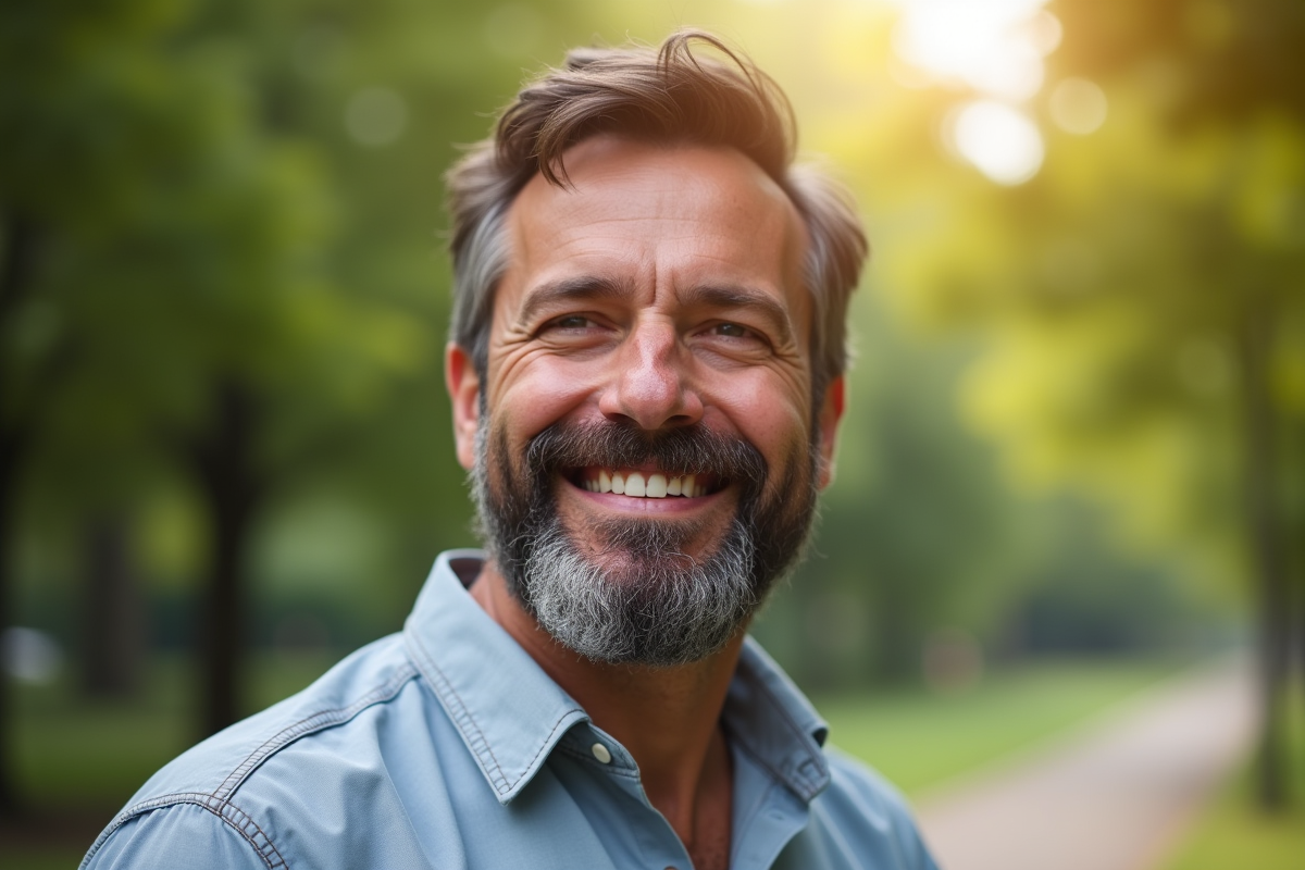 Homme confiant avec barbe dans un parc au matin
