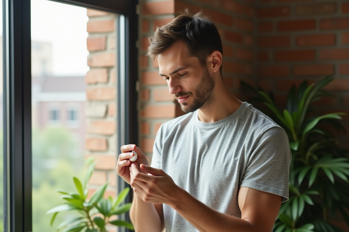 Jeune homme examinant crème dans appartement lumineux