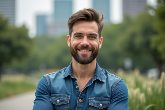 Jeune homme en denim dans un parc urbain moderne