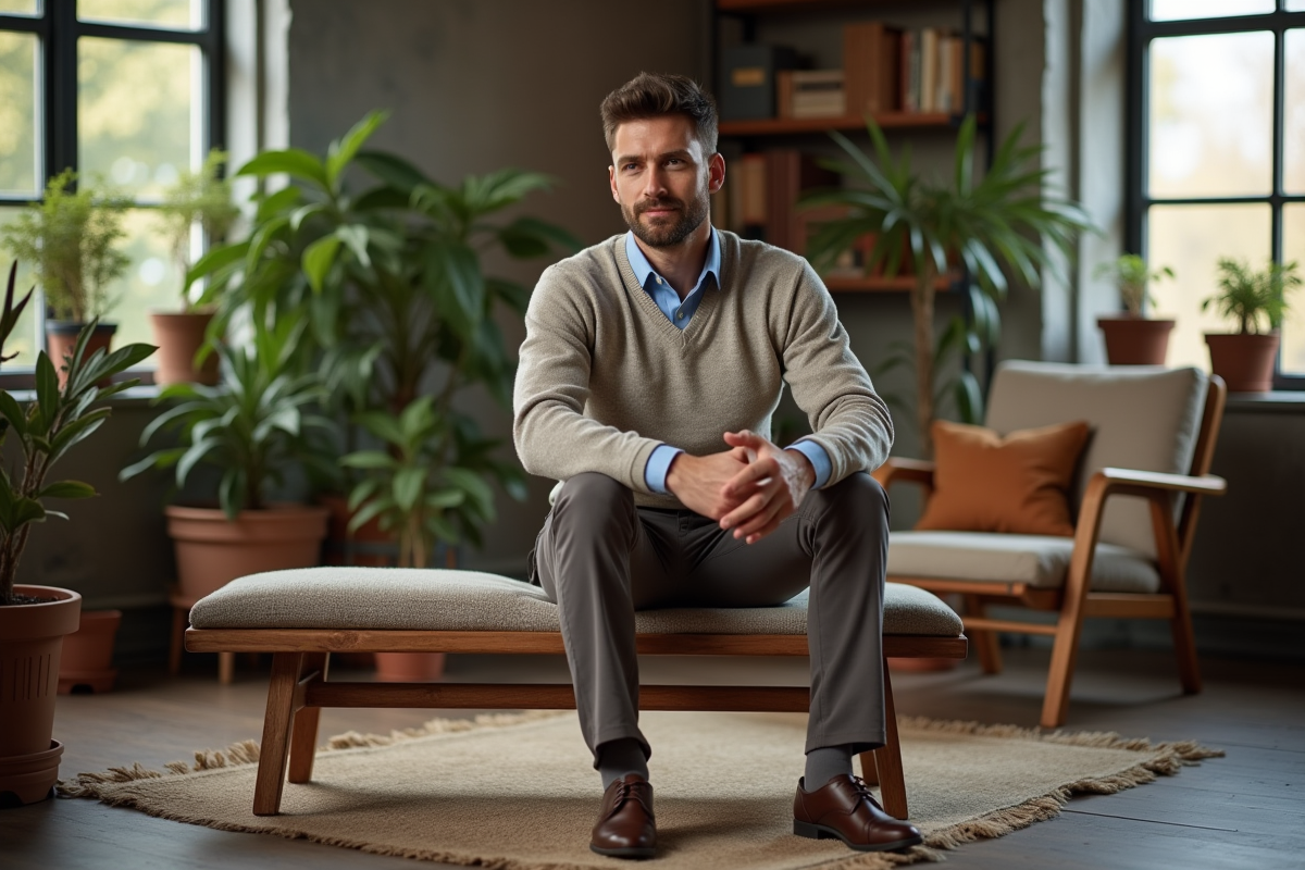 Homme en pantalon ajusté dans un loft lumineux