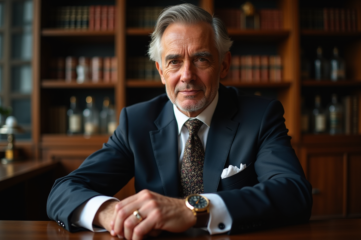 Homme sophistiqué ajustant sa montre dans un lounge privé