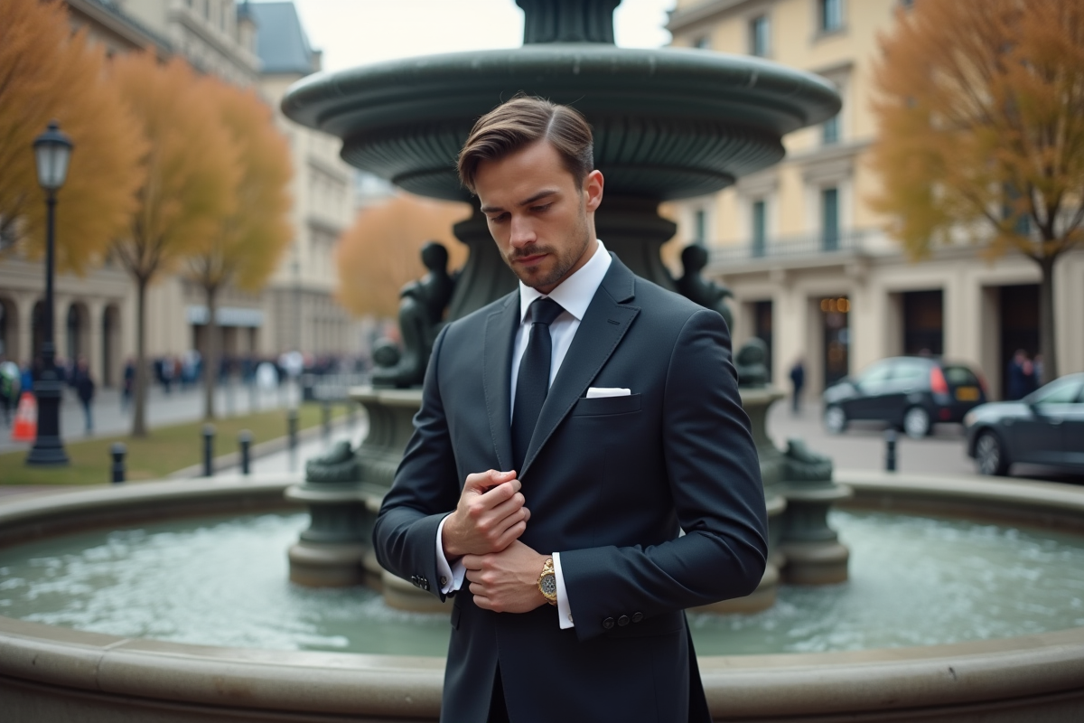 Homme en costume vérifiant sa montre dans une place urbaine