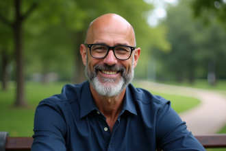 Homme d'âge moyen souriant dans un parc urbain