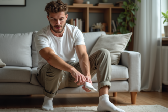 Homme assis mettant des chaussettes basses dans un salon scandinave