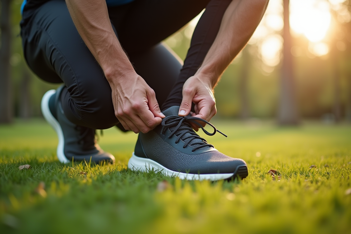 Senior homme nouant ses chaussures Arch Fit avant de courir dans le parc