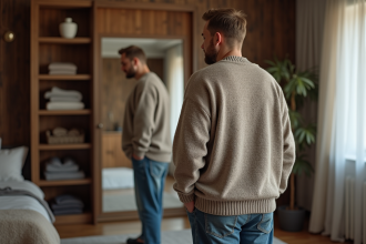 Homme français portant un gros sweat en miroir dans une chambre