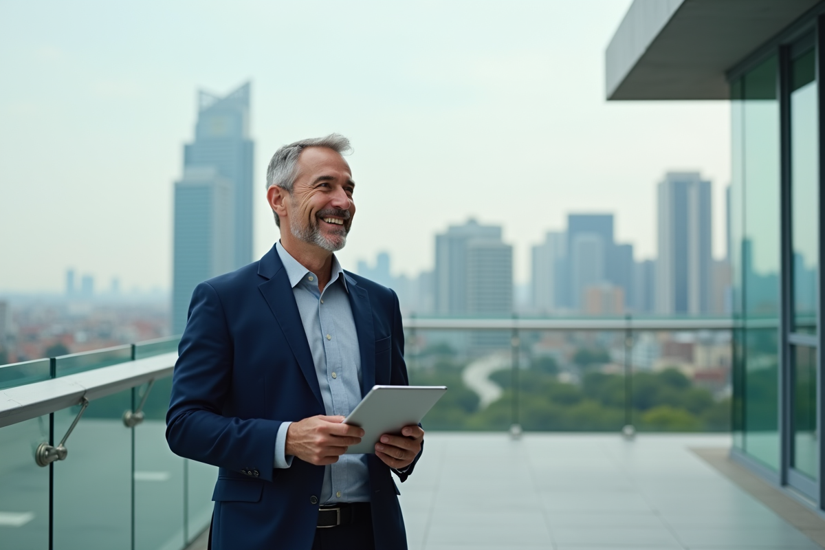 Homme confiant sur terrasse urbaine