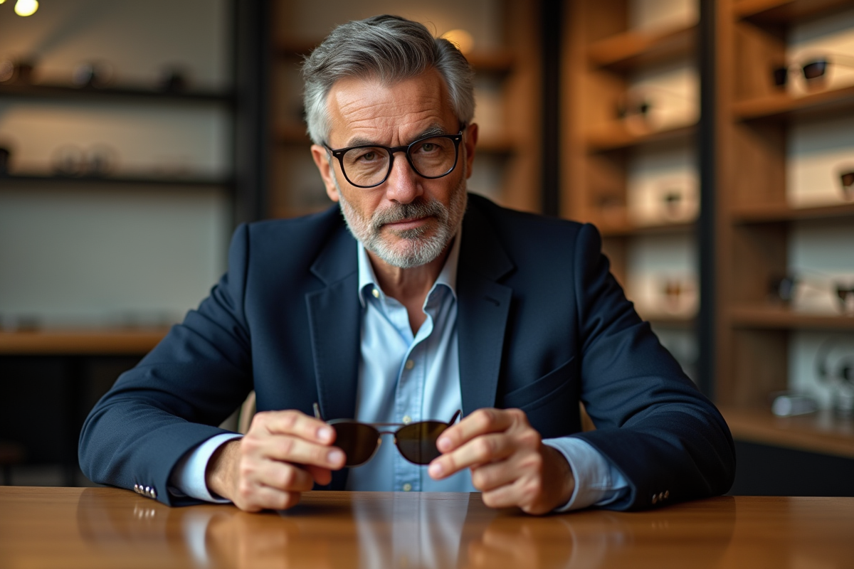 Homme comparant des lunettes dans une boutique moderne
