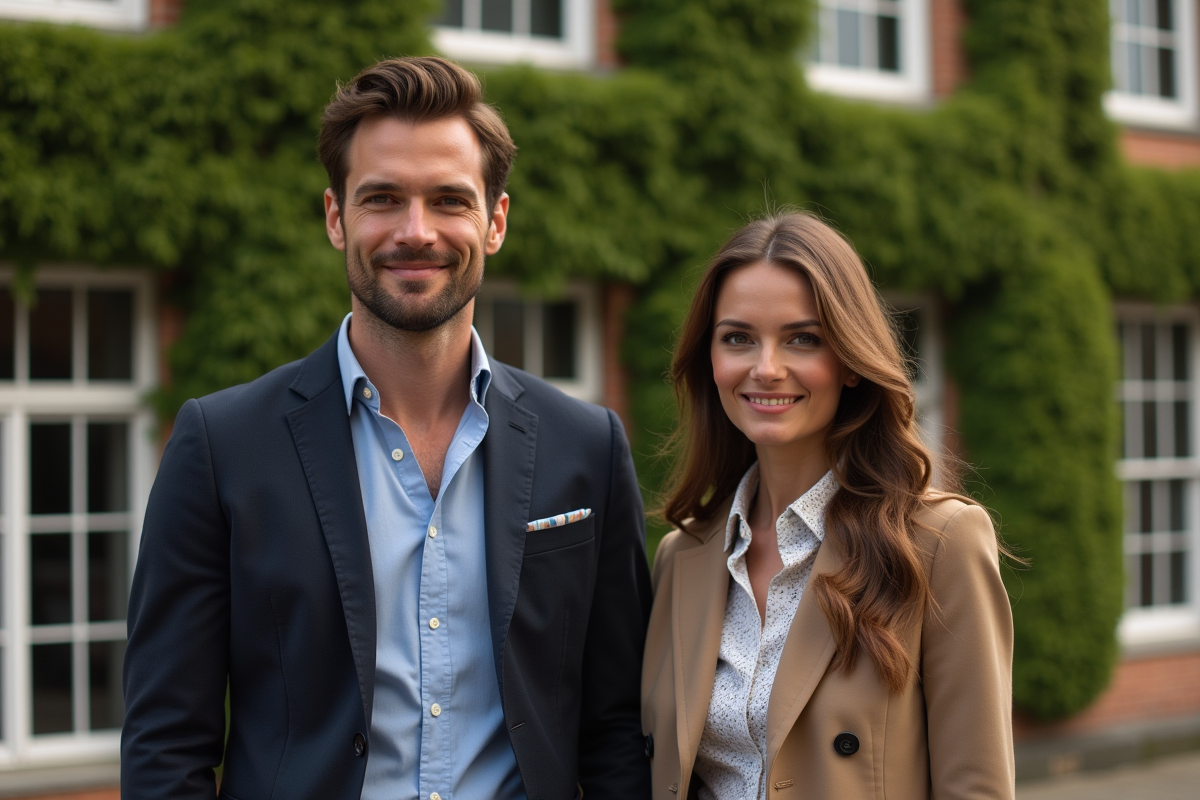 Homme et femme élégants en vêtements Ralph Lauren devant un bâtiment ancien