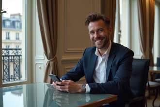 Influenceur français en costume dans un appartement parisien