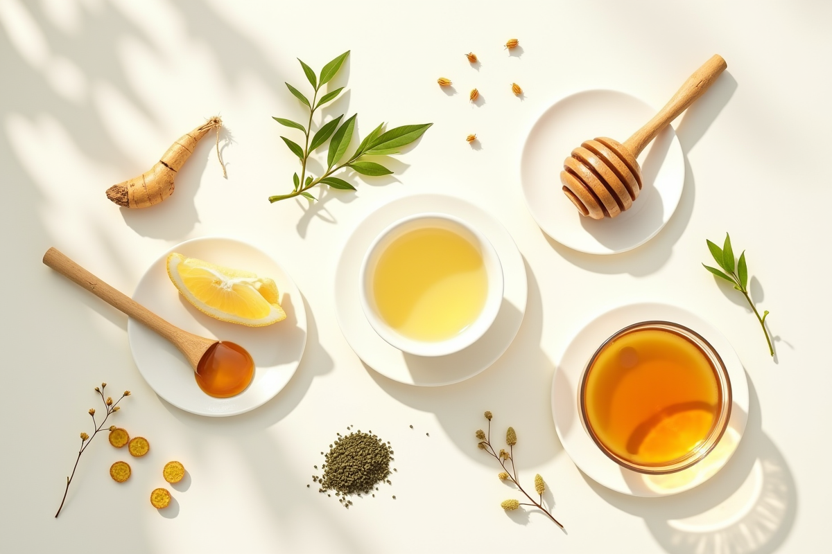 Ingrédients traditionnels de soin coréen comme ginseng et thé vert en disposition minimaliste