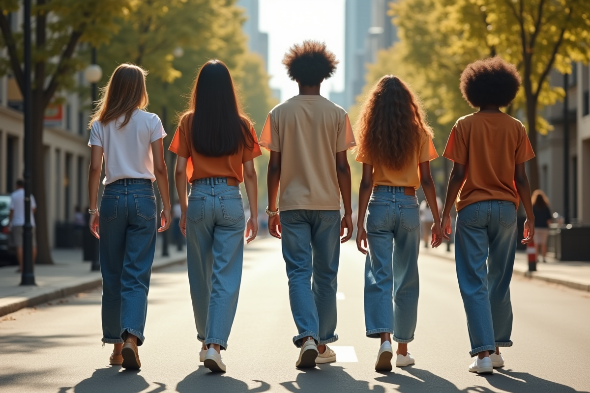 Groupe de jeunes portant jeans baggy 90s dans la ville