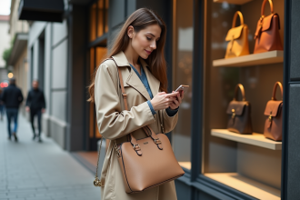 Jeune femme élégante avec trench beige devant boutique