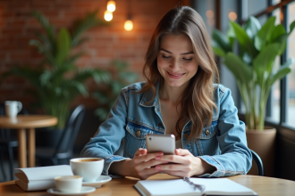 Jeune femme souriante avec smartphone dans un café cosy