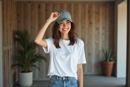 Jeune femme souriante ajustant un casquette styl&eacute;e devant un mur en bois