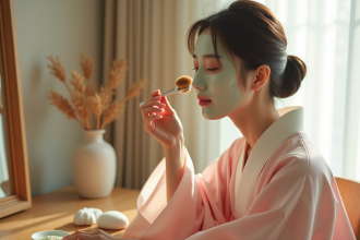 Jeune femme koreenne en hanbok appliquant un masque facial traditionnel