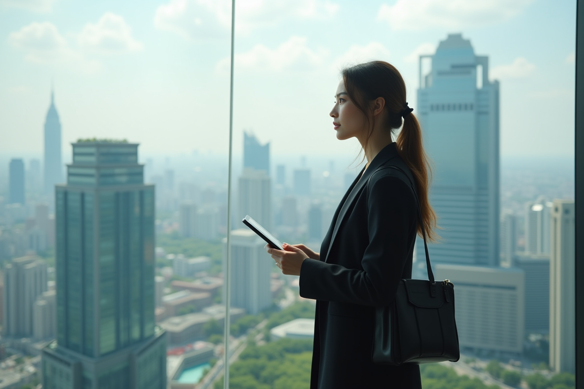 Jeune femme confiante regardant la skyline urbaine