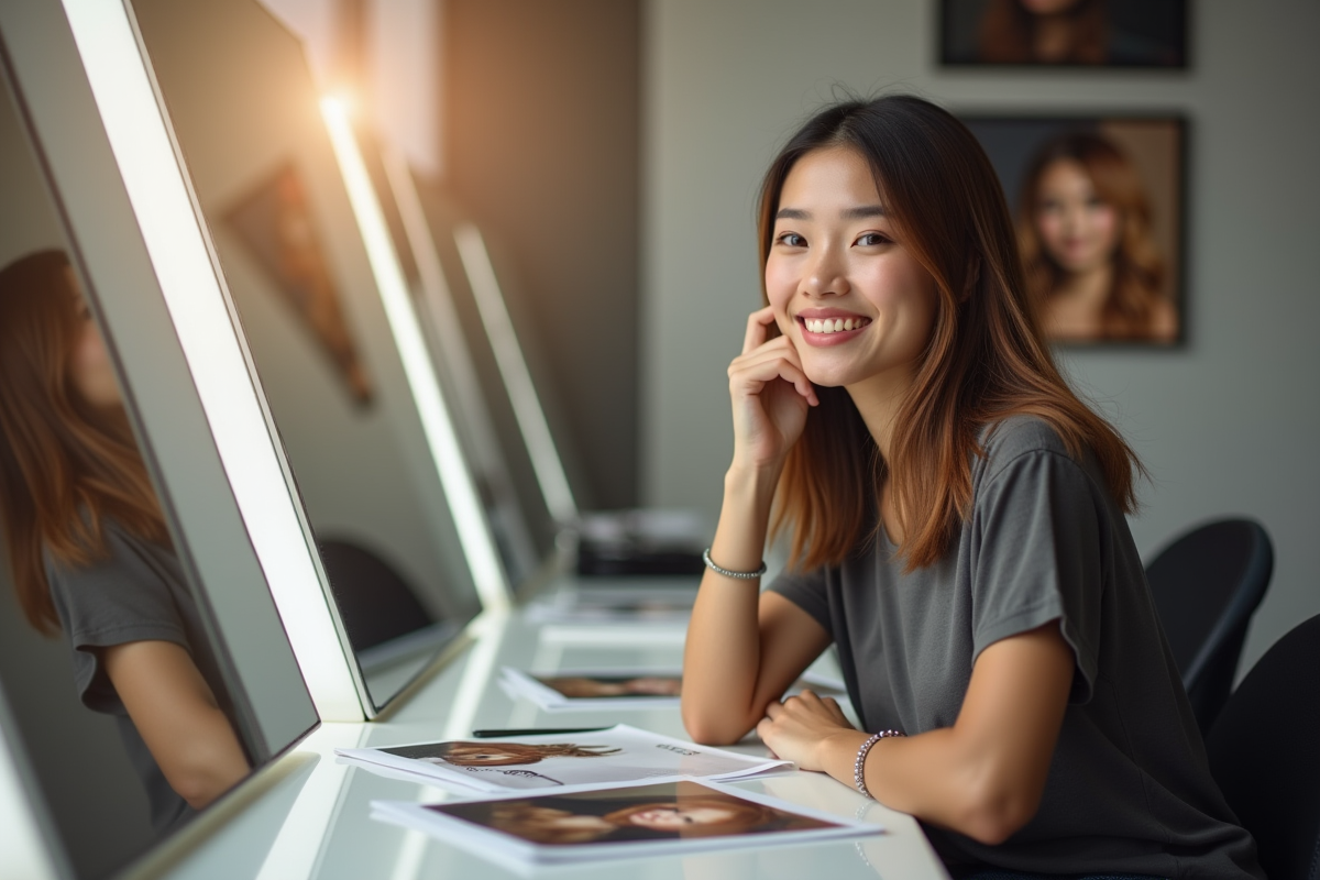 Jeune femme souriante dans un salon avec références coiffure