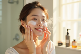 Jeune femme koreenne appliquant un serum visage dans une salle de bain lumineuse