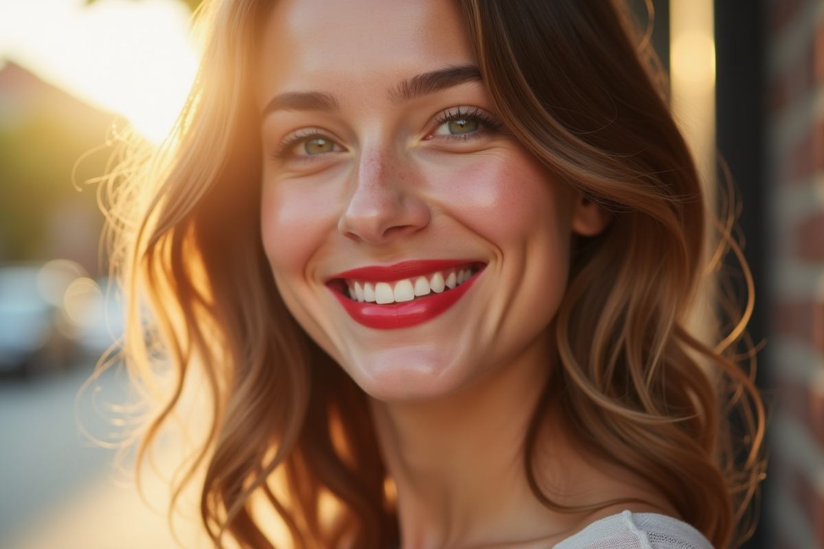 Jeune femme souriante en plein air avec rouge à lèvres rouge