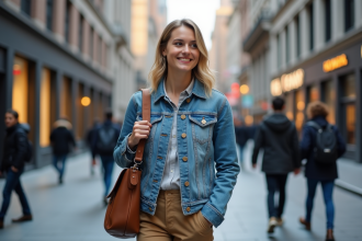 Jeune femme souriante en ville avec sac à bandoulière