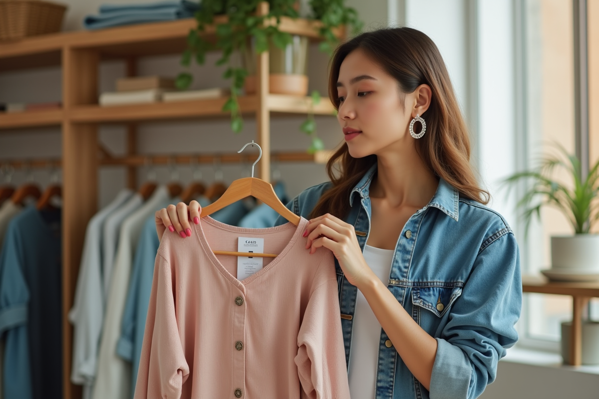 Jeune femme examinant une étiquette de vêtement dans une boutique lumineuse