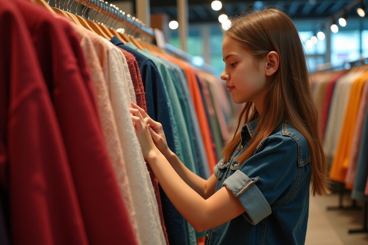 Jeune regardant des vêtements colorés dans une boutique moderne