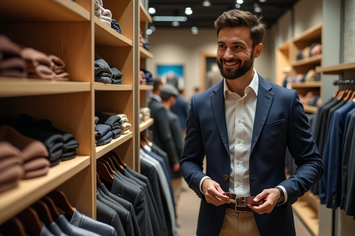 Jeune homme choisissant une ceinture dans une boutique moderne