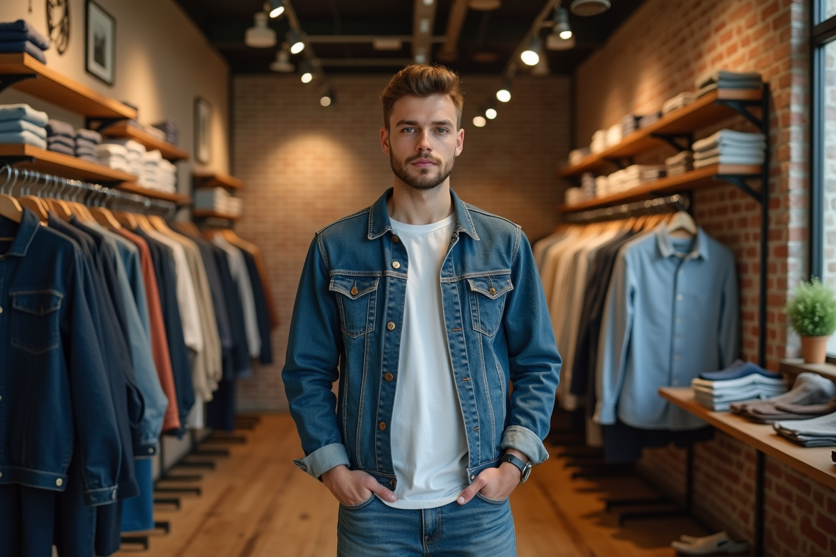 Jeune homme parcourant des vêtements dans une boutique écologique
